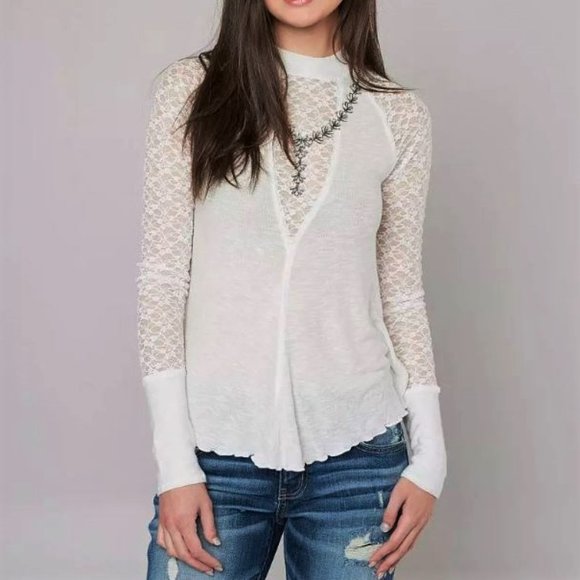 Intimately Free People Ivory No Limits Top Pieced Knit Lace Mock Neck S - Picture 1 of 6